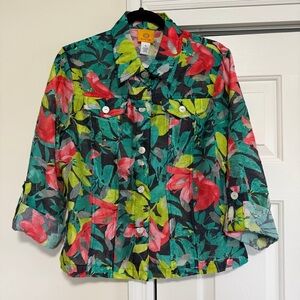 Ruby Rd. Florals Aqua Green Red Button Jacket Cardigan Size 12